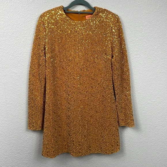 New Stine Goya Odis Mini Shift Dress Gold Sequin Sparkle Long Sleeve Sz S - Picture 6 of 16